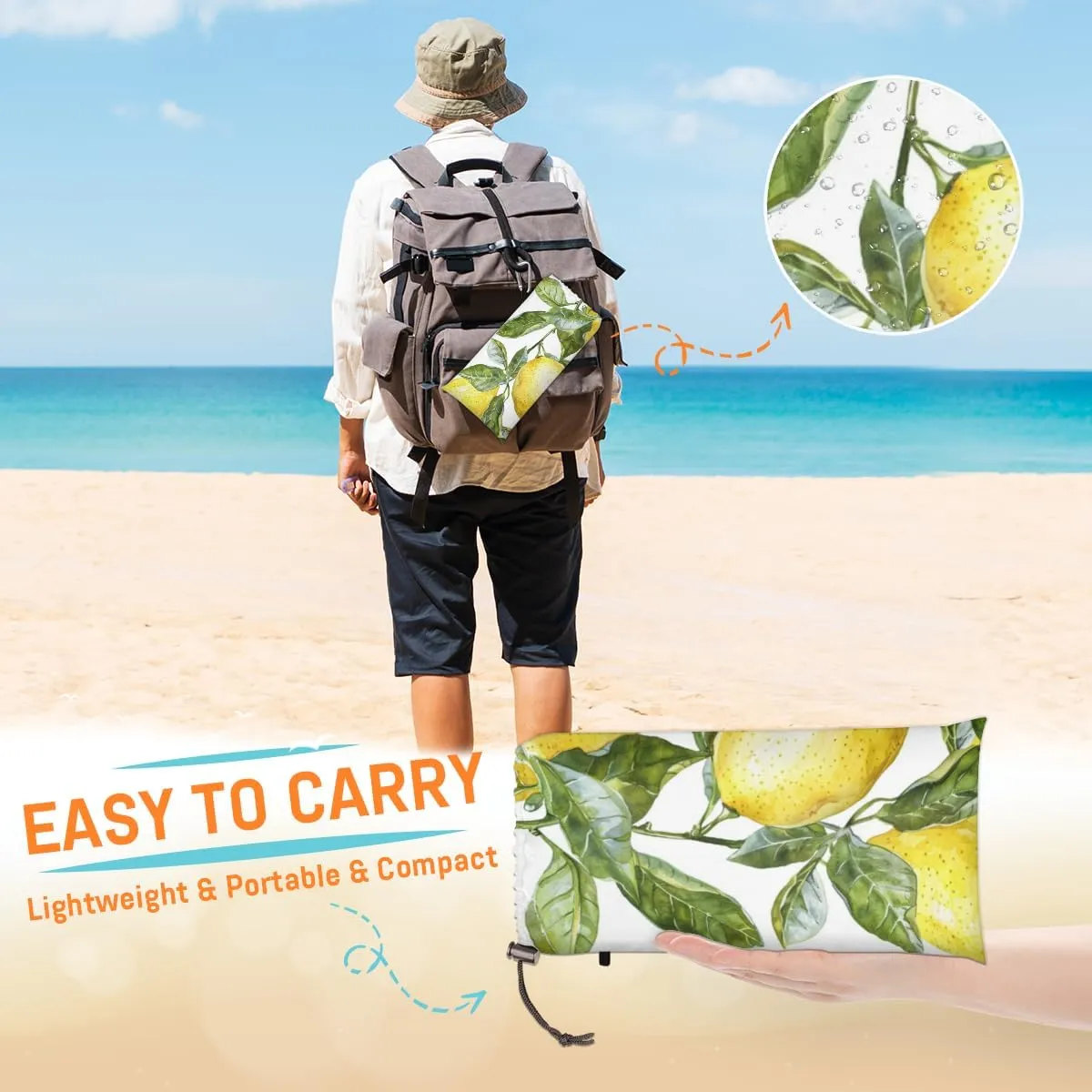 Lemon Fruit Farmhouse Beach Blanket, Sandproof Beach Mat, Adults Waterproof Quick Drying Sand Free Mat with 4 x Ground Spikes for Outdoor Travel Camping Hiking, Lemon