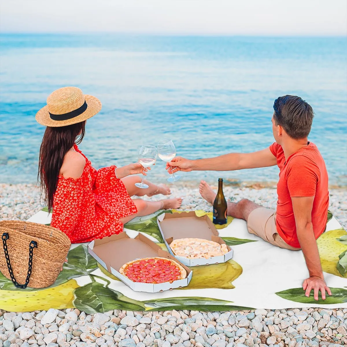 Lemon Fruit Farmhouse Beach Blanket, Sandproof Beach Mat, Adults Waterproof Quick Drying Sand Free Mat with 4 x Ground Spikes for Outdoor Travel Camping Hiking, Lemon