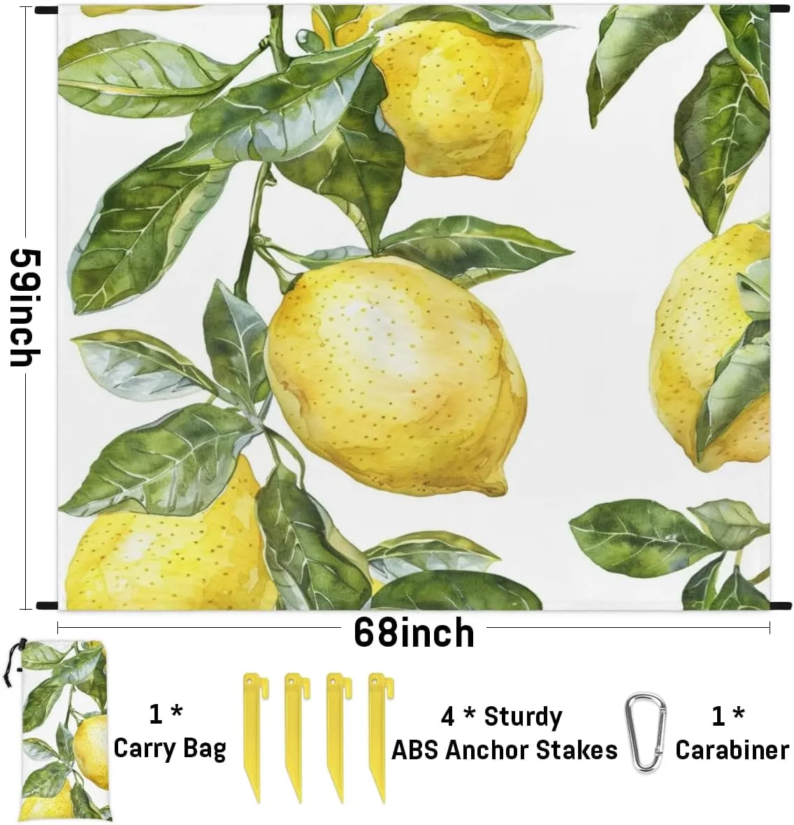 Lemon Fruit Farmhouse Beach Blanket, Sandproof Beach Mat, Adults Waterproof Quick Drying Sand Free Mat with 4 x Ground Spikes for Outdoor Travel Camping Hiking, Lemon