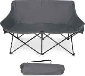 Leonyo Double Camping Chair, Fully Padded Folding Loveseat, Portable Oversized Duo Chair with Storage Cup Holders, Height-Adjustable Armrests & Carry Bag, Supports up to 500lbs, Grey