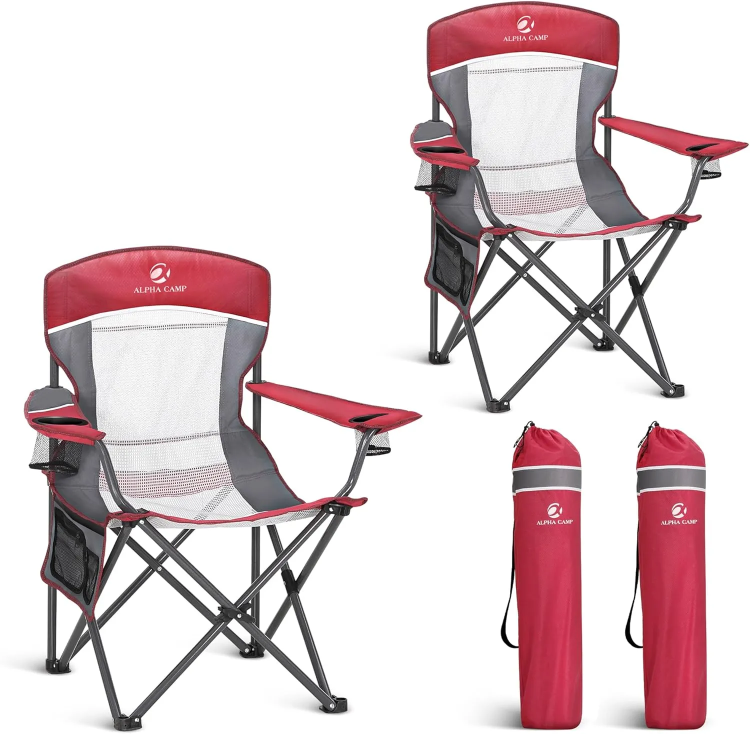 LET'S CAMP 2 Pack Mesh Back Camping Chair Portable Folding Heavy Duty Outdoor Chair Support 330 LBS Durable Large Arm Chair with Cup Holder and Carry Bag for Camp, Fishing, Hiking, Red