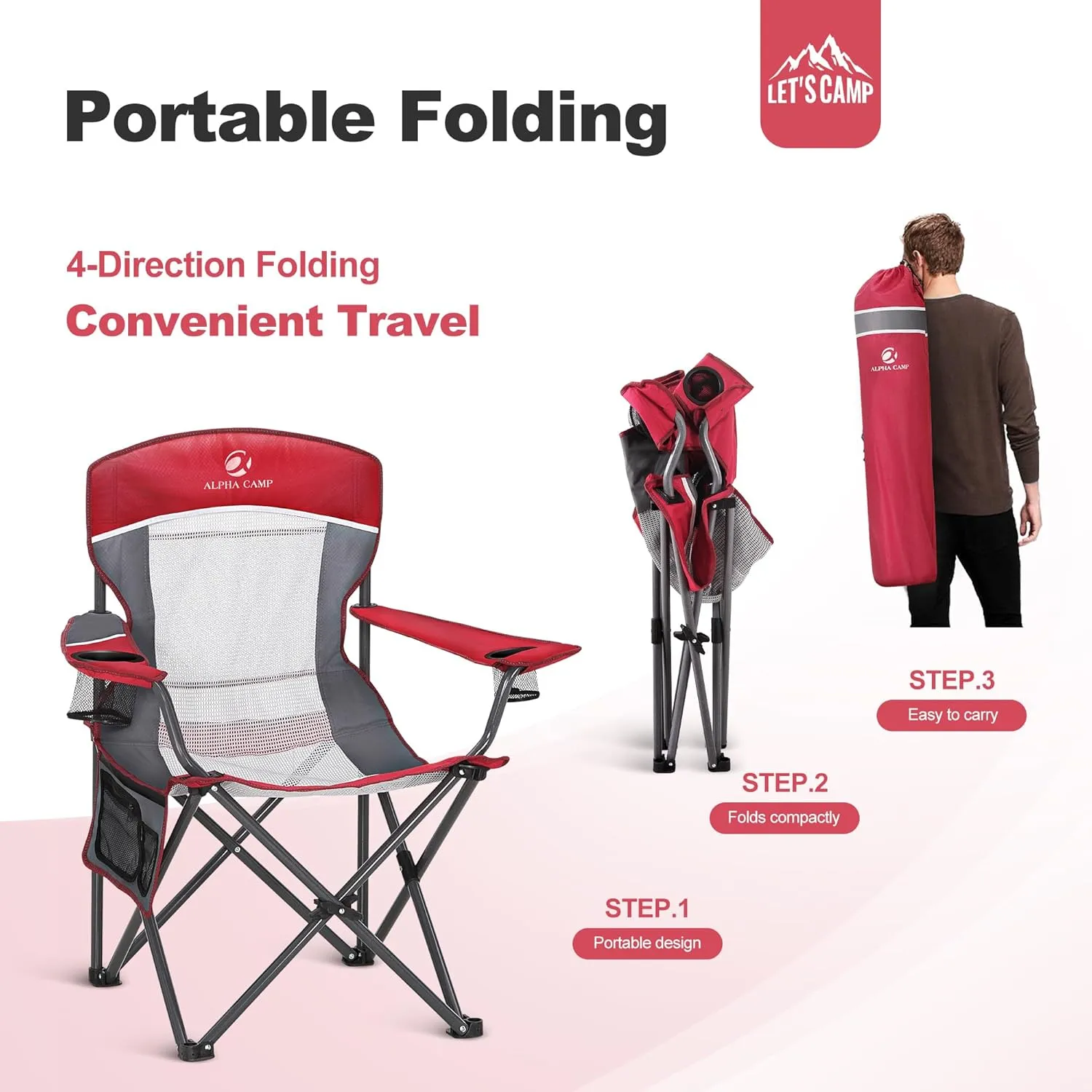 LET'S CAMP 2 Pack Mesh Back Camping Chair Portable Folding Heavy Duty Outdoor Chair Support 330 LBS Durable Large Arm Chair with Cup Holder and Carry Bag for Camp, Fishing, Hiking, Red