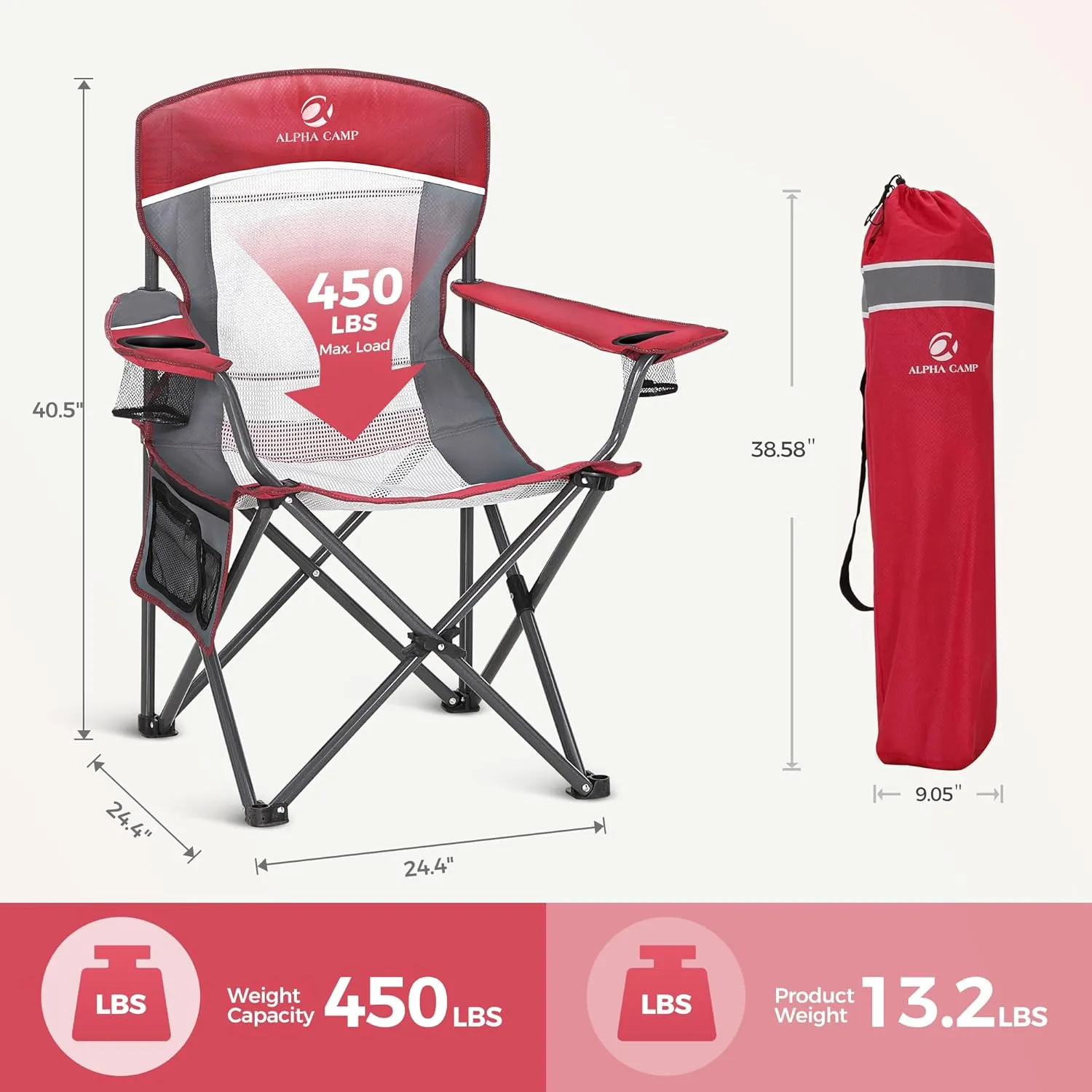 LET'S CAMP 2 Pack Mesh Back Camping Chair Portable Folding Heavy Duty Outdoor Chair Support 330 LBS Durable Large Arm Chair with Cup Holder and Carry Bag for Camp, Fishing, Hiking, Red