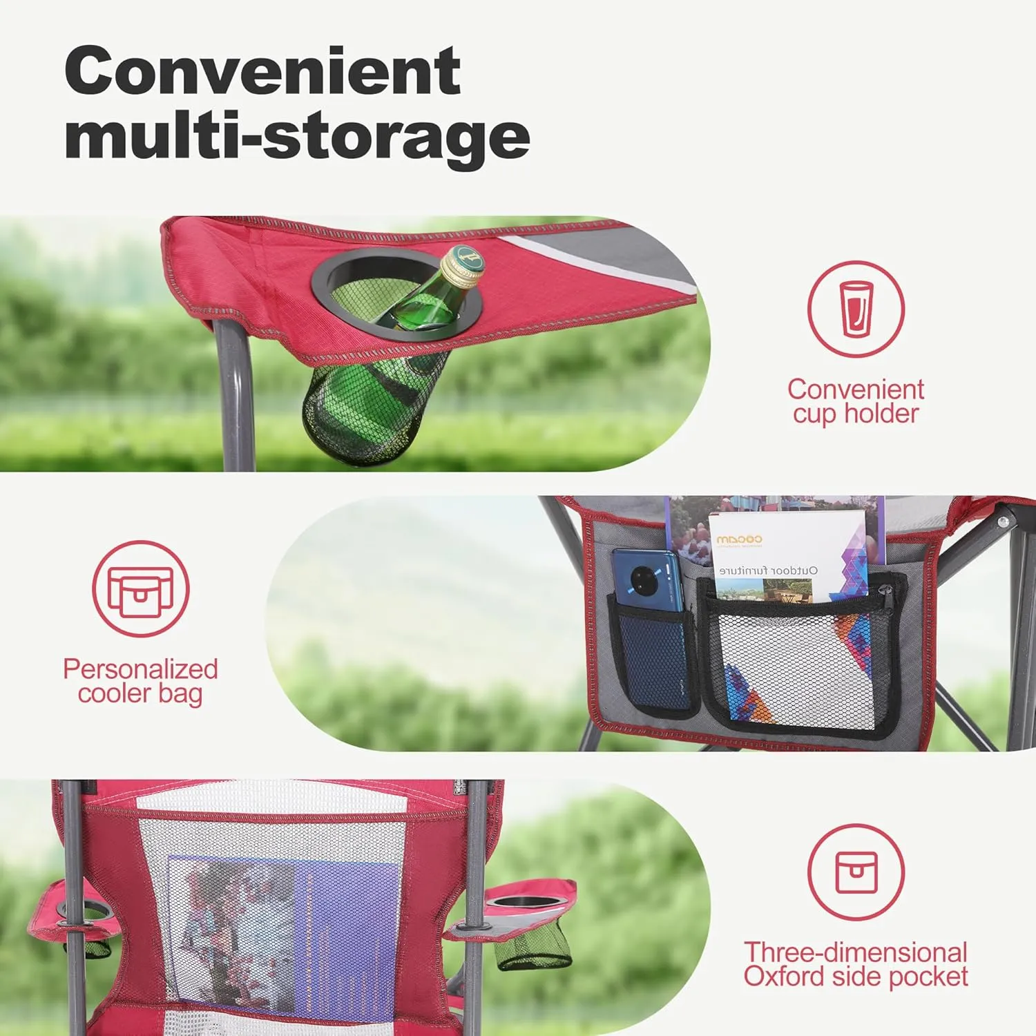 LET'S CAMP 2 Pack Mesh Back Camping Chair Portable Folding Heavy Duty Outdoor Chair Support 330 LBS Durable Large Arm Chair with Cup Holder and Carry Bag for Camp, Fishing, Hiking, Red