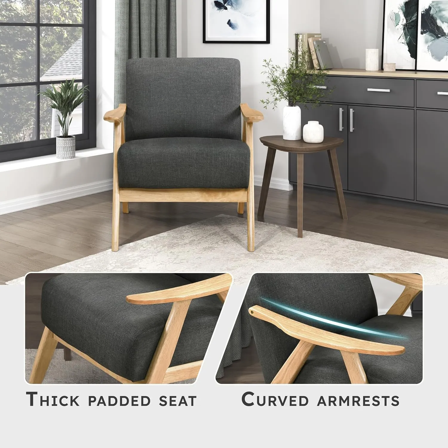 Lexicon Mid Century Modern Accent Chair with Solid Wood Frame in Natural Finish, Textured Fabric Living Room Lounge Arm Chair, Thick and Comfy Innerspring Seat Cushion, Linen-Look Fabric, Dark Gray