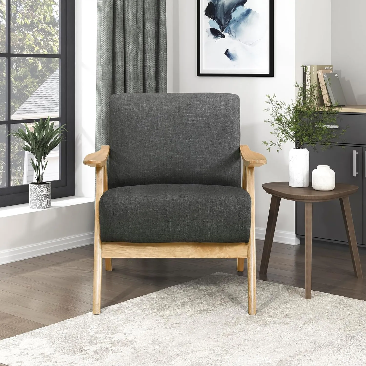 Lexicon Mid Century Modern Accent Chair with Solid Wood Frame in Natural Finish, Textured Fabric Living Room Lounge Arm Chair, Thick and Comfy Innerspring Seat Cushion, Linen-Look Fabric, Dark Gray