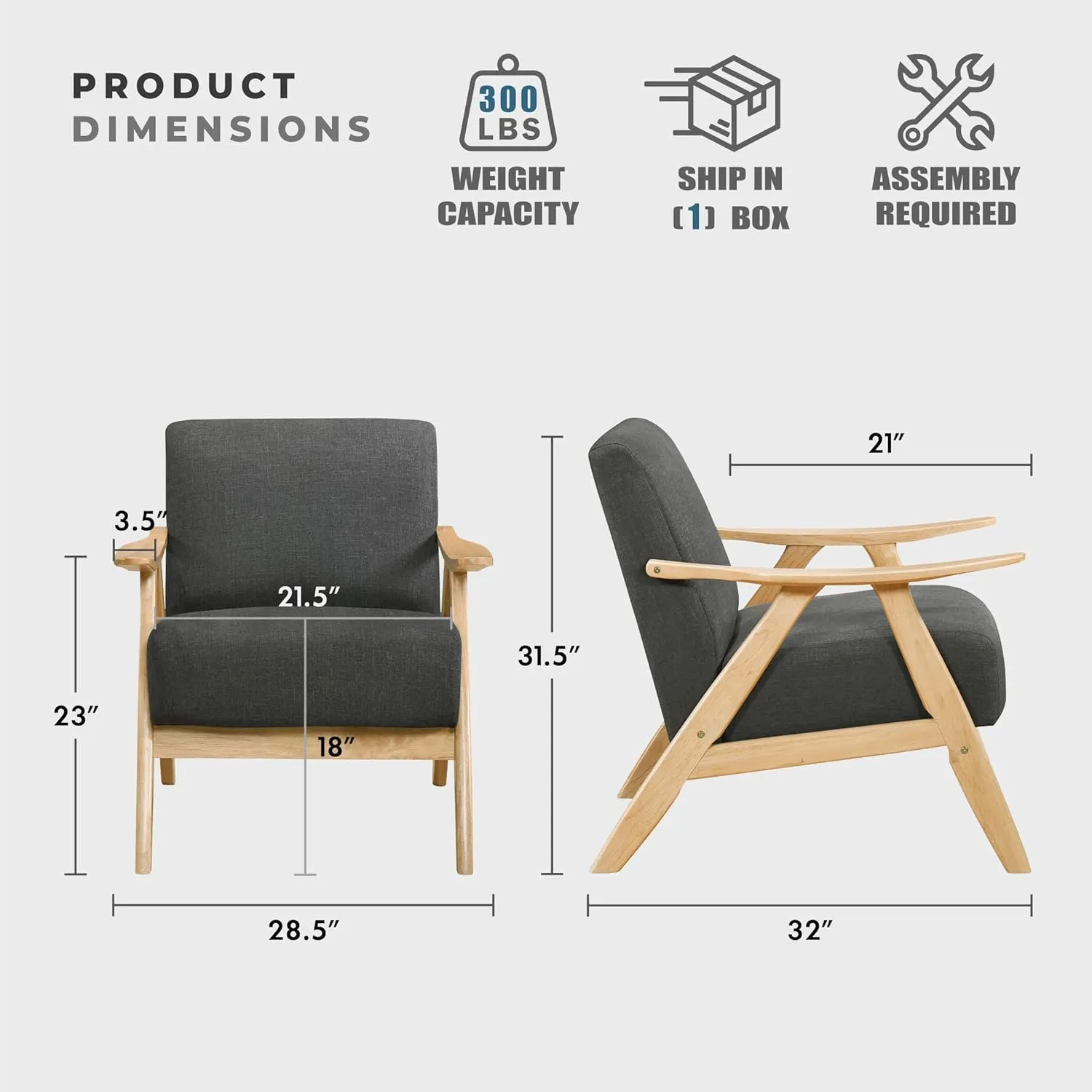 Lexicon Mid Century Modern Accent Chair with Solid Wood Frame in Natural Finish, Textured Fabric Living Room Lounge Arm Chair, Thick and Comfy Innerspring Seat Cushion, Linen-Look Fabric, Dark Gray