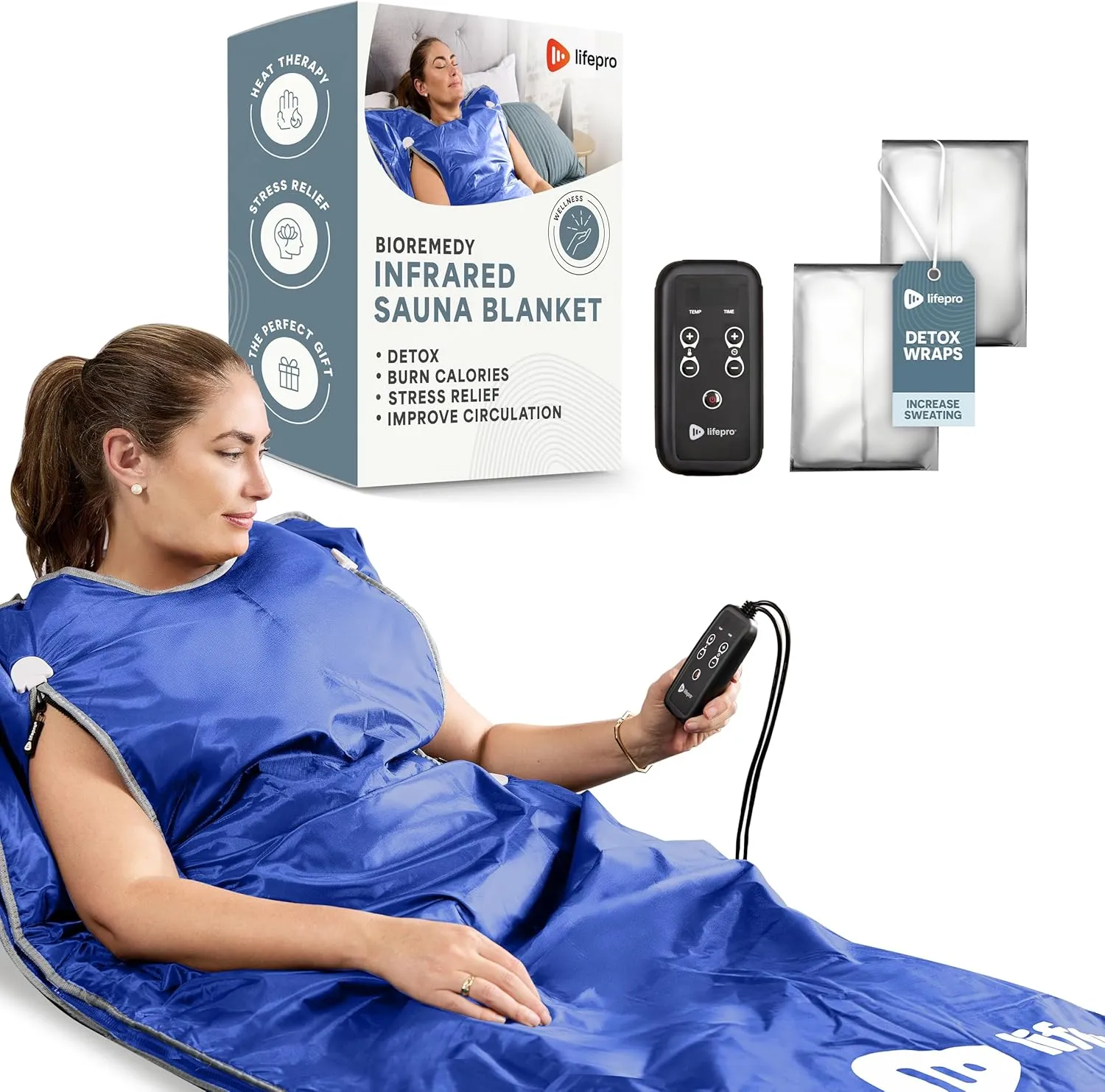 Lifepro BioRemedy Infrared Sauna Blanket - Portable Far Infrared Home Sauna for Detox, Tension, and Relaxation - Adjustable Temperature (86-158°F) - Includes Carry Bag & Detox Wraps