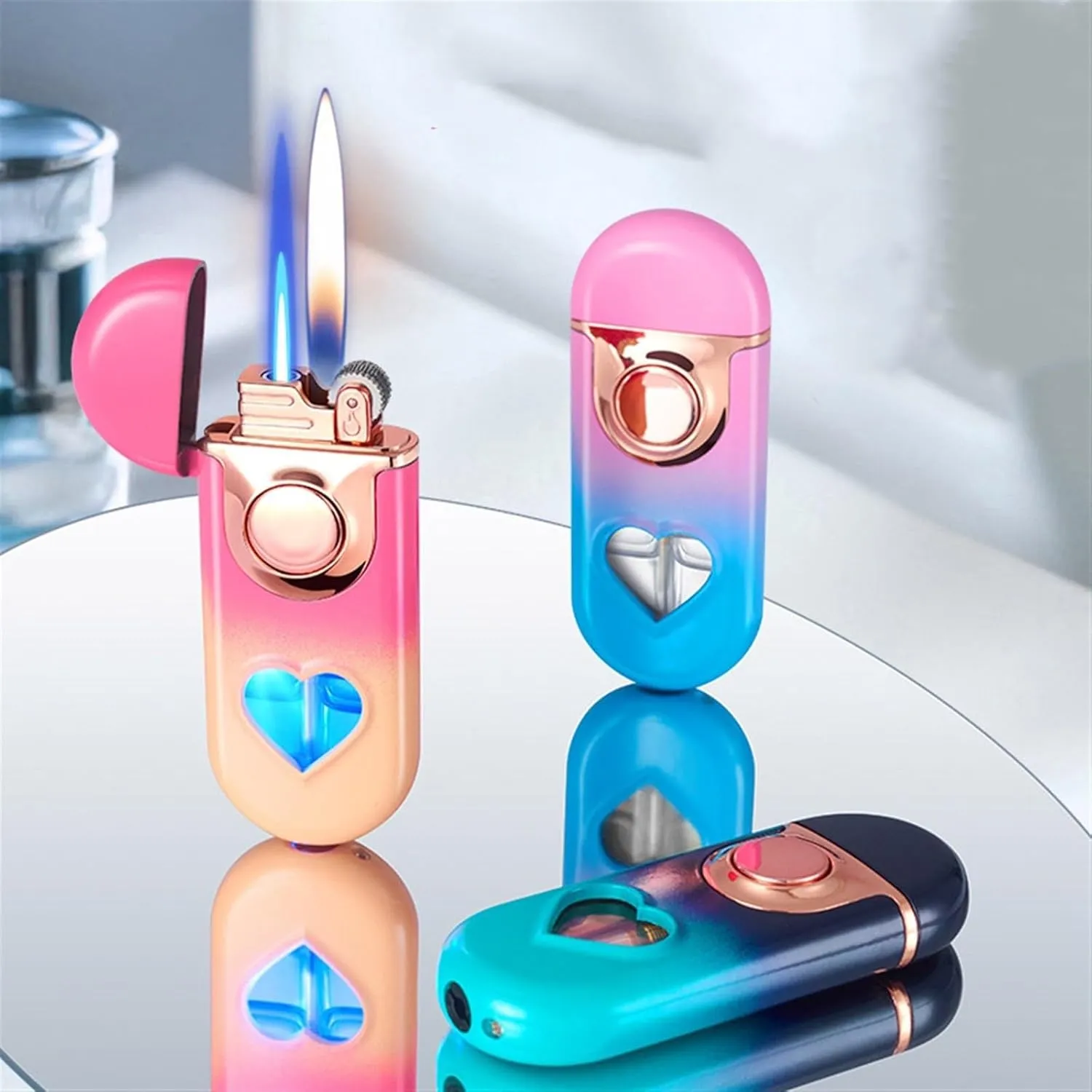 Lighter Jet Torch Lighter Soft Flame Lighter 2 in 1, Dual Flame Lighter with 6 Flints, Windproof Lighter with Visible Air Chamber, Refillable Adjustable Flame Butane Lighter for Outdoor Indoor Camping
