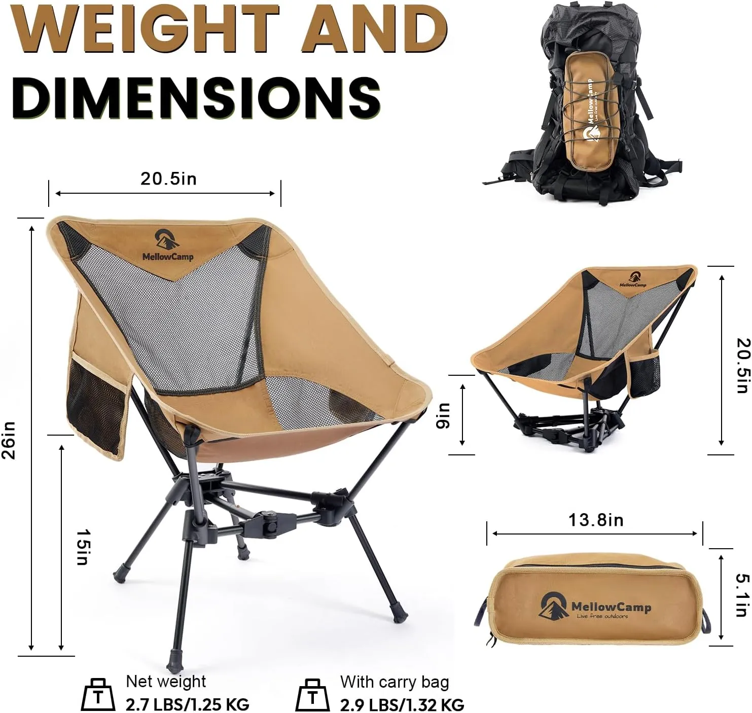 Lightweight Folding Camping Chair with Cup Holder & Side Pocket 2.7lbs Portable Camping Chair 330lbs Capacity for Beach, Hiking, Backpacking, Roadtrip (Dune Brown)