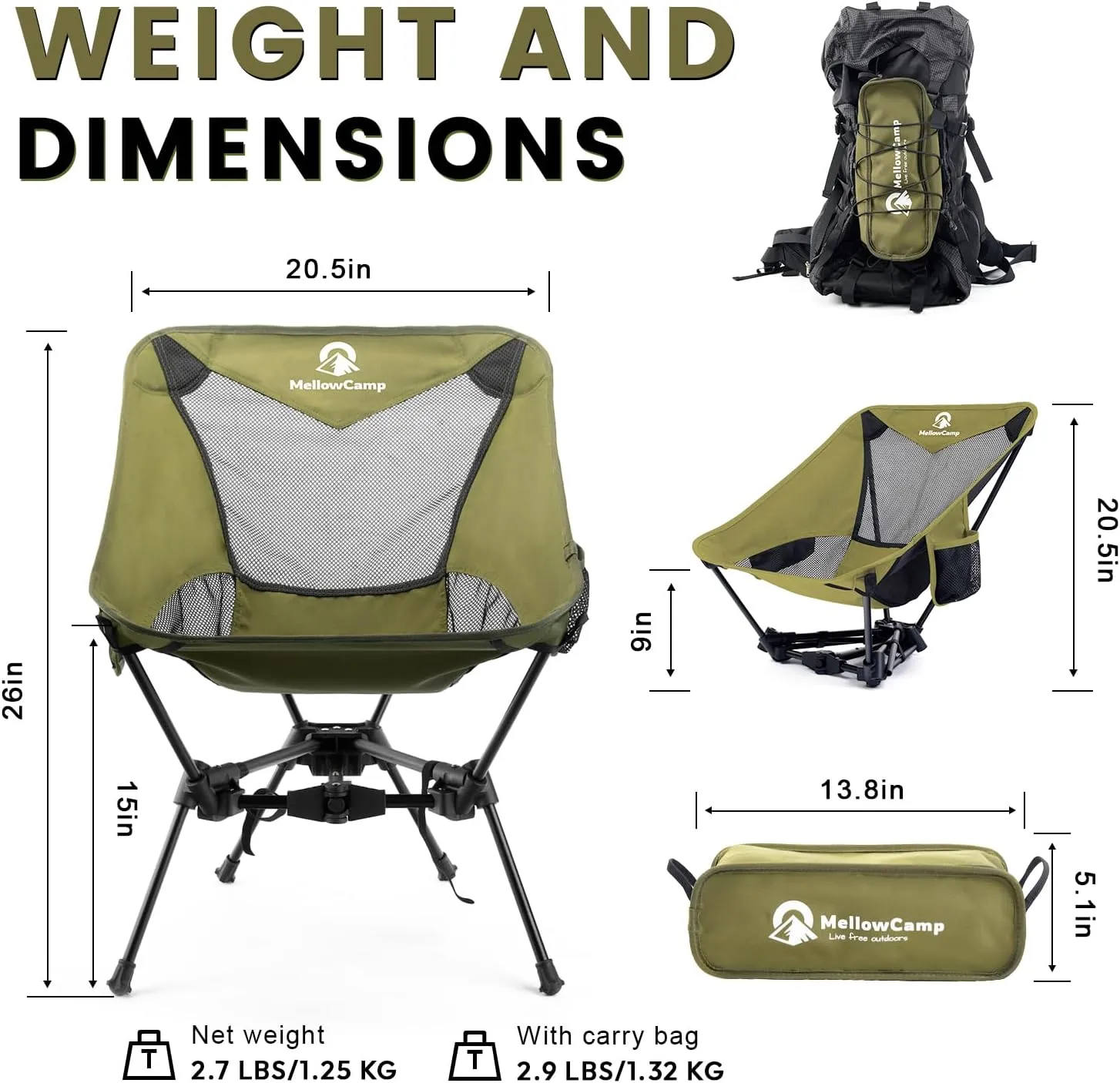 Lightweight Folding Camping Chair with Cup Holder & Side Pocket 2.7lbs Portable Camping Chair 330lbs Capacity for Beach, Hiking, Backpacking, Roadtrip (Forest Green)
