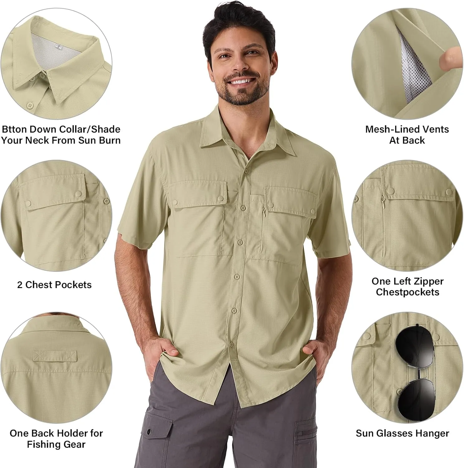 linlon Safari Shirt Men Short Sleeve UPF 50 UV Sun Protection Quick Dry Hiking Fishing Shirts