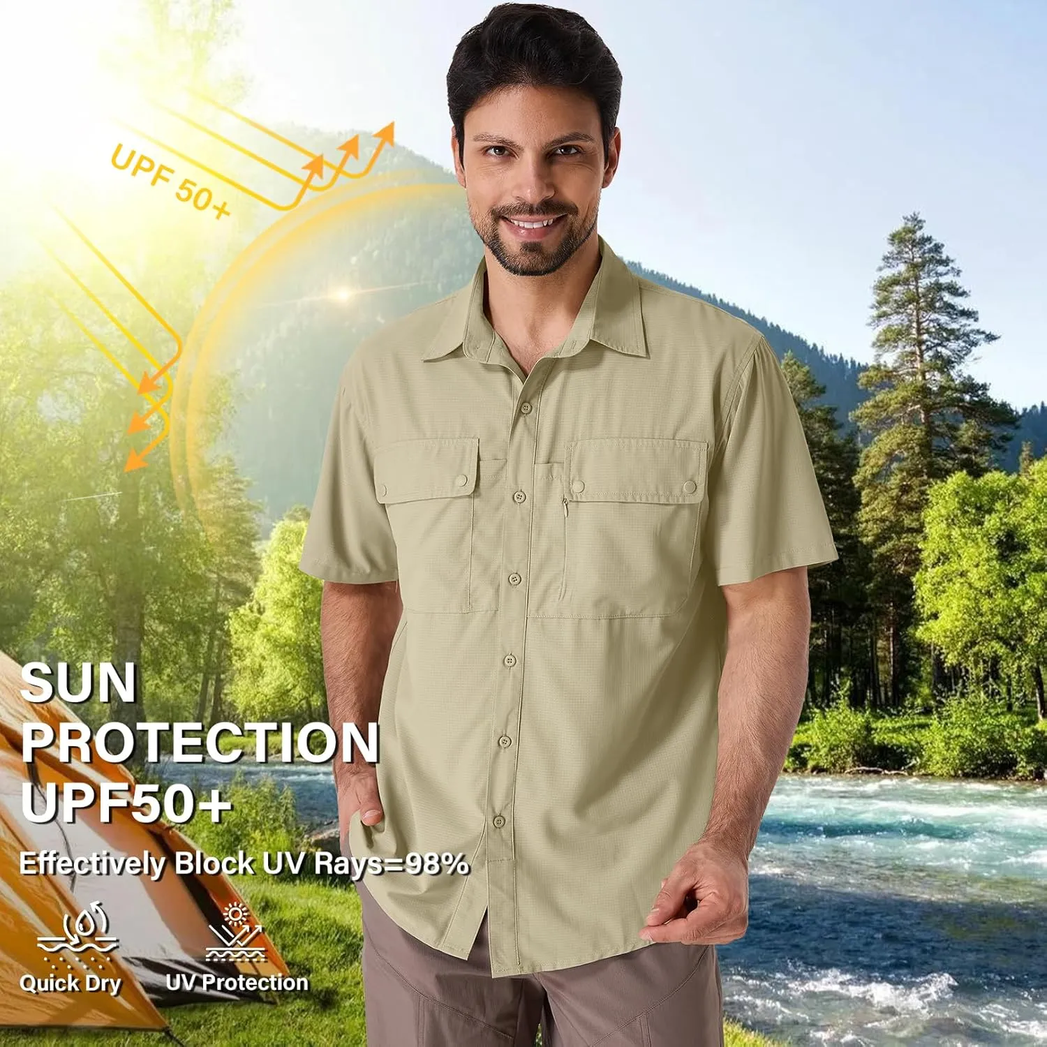 linlon Safari Shirt Men Short Sleeve UPF 50 UV Sun Protection Quick Dry Hiking Fishing Shirts