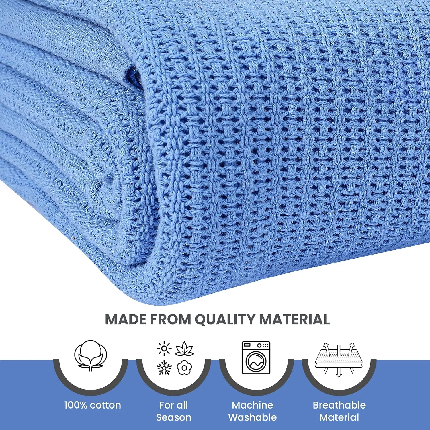 Linteum Textile Hospital Thermal Blanket 66x90 Inch 100% Cotton Breathable Soft and Cozy Open-Cell Weave Design Bed Blanket for Bed, Couch, Sofa Throw for All Season, 2.5 lb (Blue, Twin)