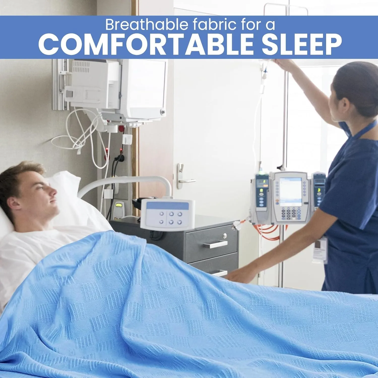 Linteum Textile Hospital Thermal SNAGLESS Spread Blanket, 100% Cotton (74x100 in, Blue)