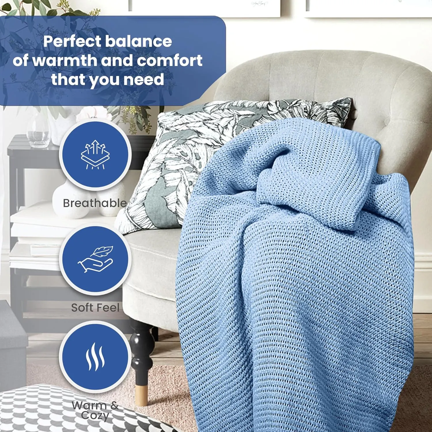 Linteum Textile Supply Leno Weave Blue Blanket, Twin 100% Cotton, Lightweight, Warm, Extra-Fluffy, Premium and Durable Soft & Cozy Bed Blanket for Bed, Couch, Sofa Throw for All Season