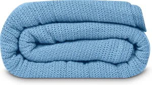Linteum Textile Supply Leno Weave Blue Blanket, Twin 100% Cotton, Lightweight, Warm, Extra-Fluffy, Premium and Durable Soft & Cozy Bed Blanket for Bed, Couch, Sofa Throw for All Season