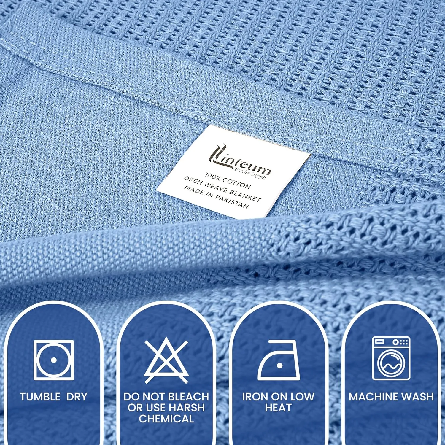 Linteum Textile Supply Leno Weave Blue Blanket, Twin 100% Cotton, Lightweight, Warm, Extra-Fluffy, Premium and Durable Soft & Cozy Bed Blanket for Bed, Couch, Sofa Throw for All Season