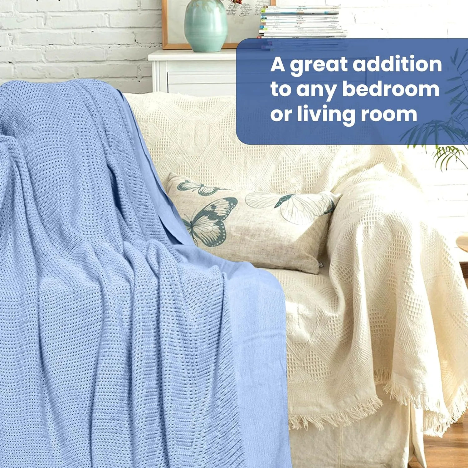 Linteum Textile Supply Leno Weave Blue Blanket, Twin 100% Cotton, Lightweight, Warm, Extra-Fluffy, Premium and Durable Soft & Cozy Bed Blanket for Bed, Couch, Sofa Throw for All Season