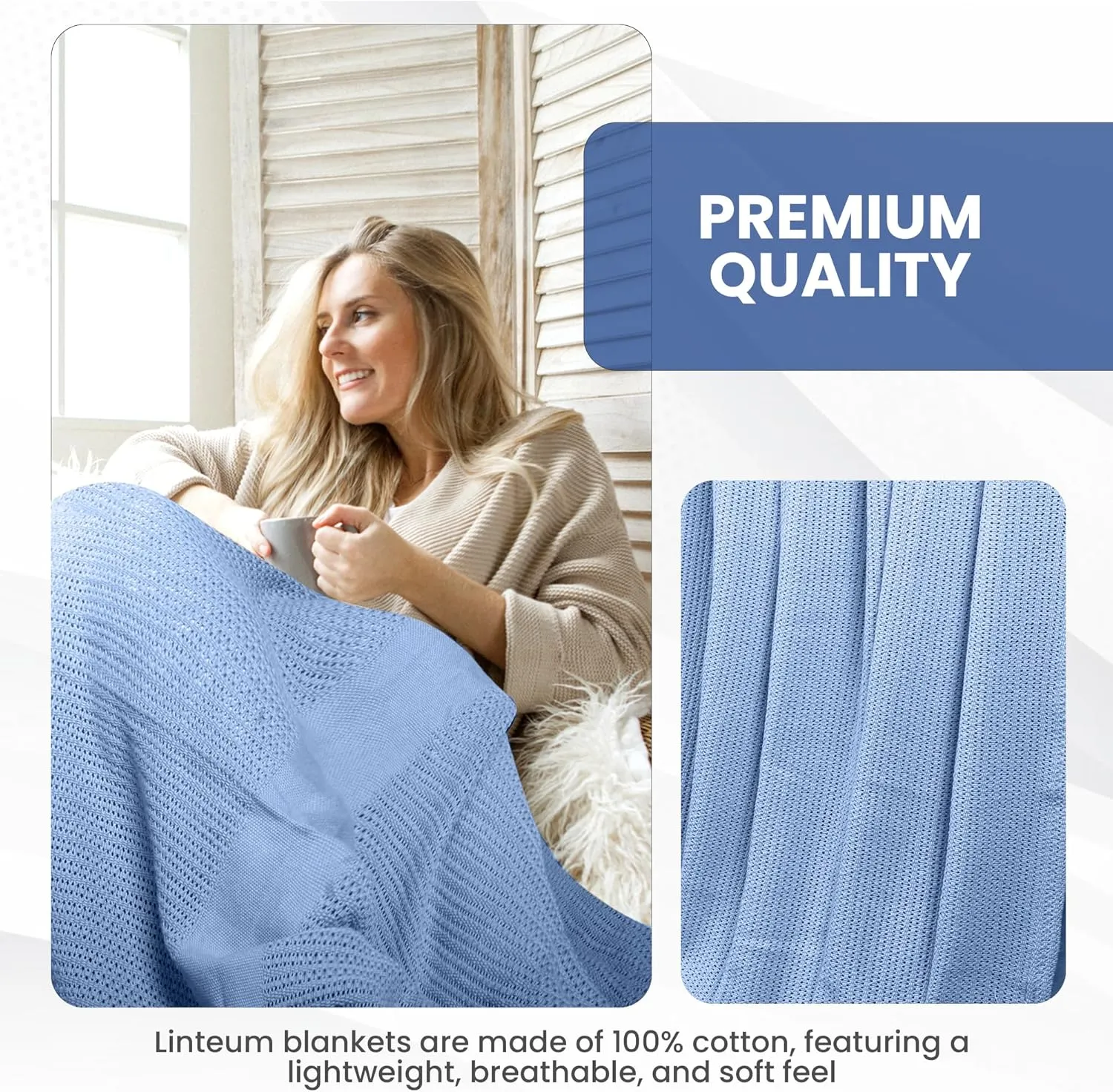 Linteum Textile Supply Leno Weave Blue Blanket, Twin 100% Cotton, Lightweight, Warm, Extra-Fluffy, Premium and Durable Soft & Cozy Bed Blanket for Bed, Couch, Sofa Throw for All Season