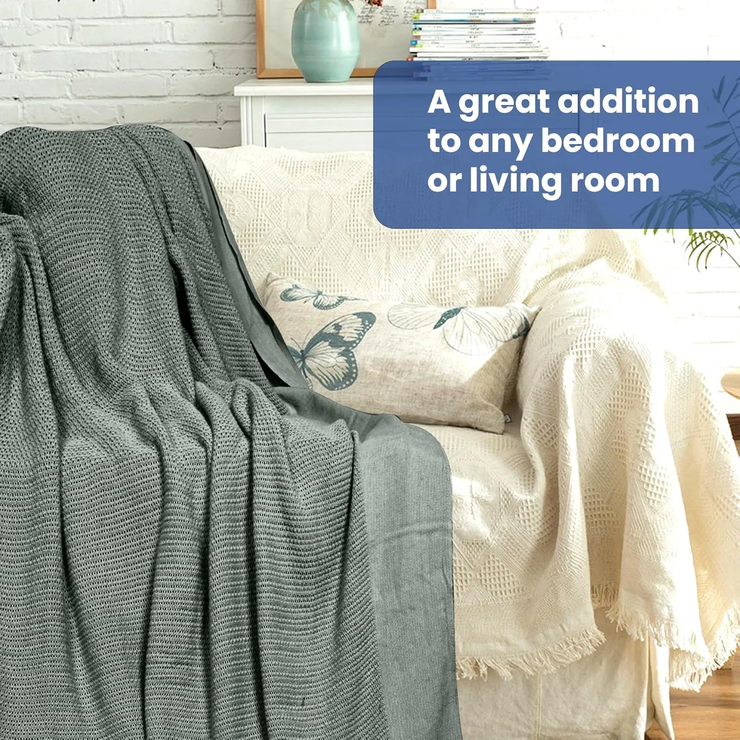 Linteum Textile Supply Leno Weave Charcoal Grey Blanket, Twin 100% Cotton, Lightweight, Warm, Extra-Fluffy, Premium and Durable Soft & Cozy Bed Blanket for Bed, Couch, Sofa Throw for All Season