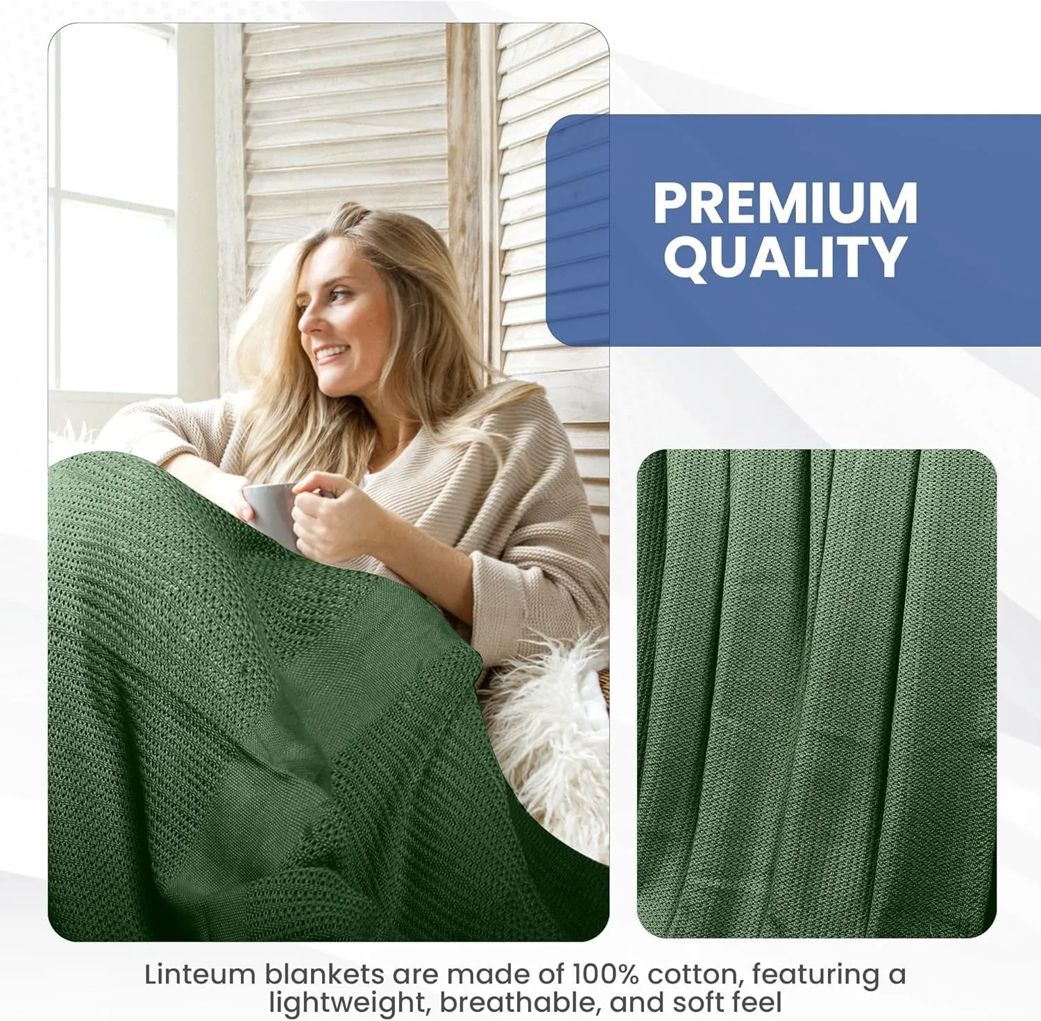 Linteum Textile Supply Leno Weave Hunter Green Blanket, Queen 100% Cotton, Lightweight, Warm, Extra-Fluffy, Premium and Durable Soft & Cozy Bed Blanket for Bed, Couch, Sofa Throw for All Season