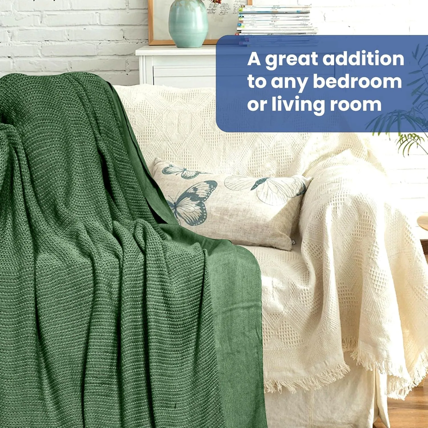 Linteum Textile Supply Leno Weave Hunter Green Blanket, Queen 100% Cotton, Lightweight, Warm, Extra-Fluffy, Premium and Durable Soft & Cozy Bed Blanket for Bed, Couch, Sofa Throw for All Season