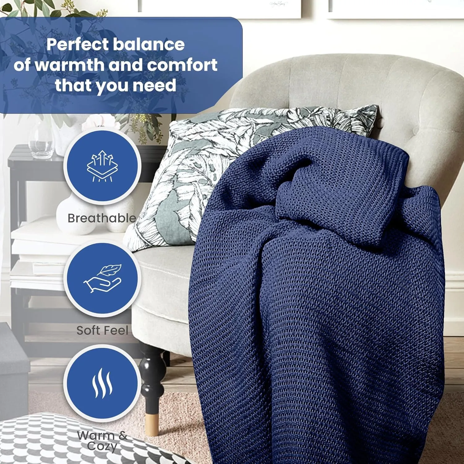 Linteum Textile Supply Leno Weave Navy Blue Blanket, Queen 100% Cotton, Lightweight, Warm, Extra-Fluffy, Premium and Durable Soft & Cozy Bed Blanket for Bed, Couch, Sofa Throw for All Season