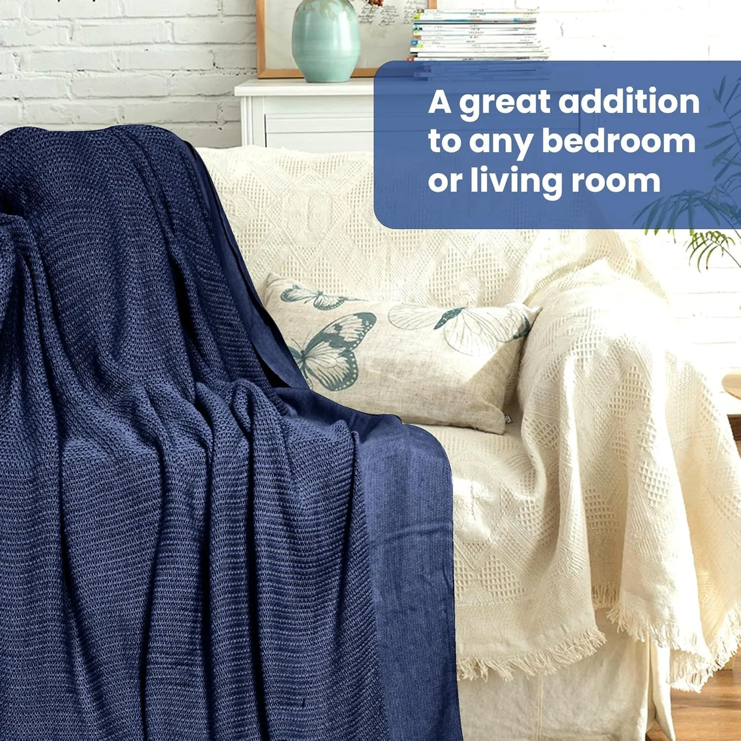 Linteum Textile Supply Leno Weave Navy Blue Blanket, Queen 100% Cotton, Lightweight, Warm, Extra-Fluffy, Premium and Durable Soft & Cozy Bed Blanket for Bed, Couch, Sofa Throw for All Season