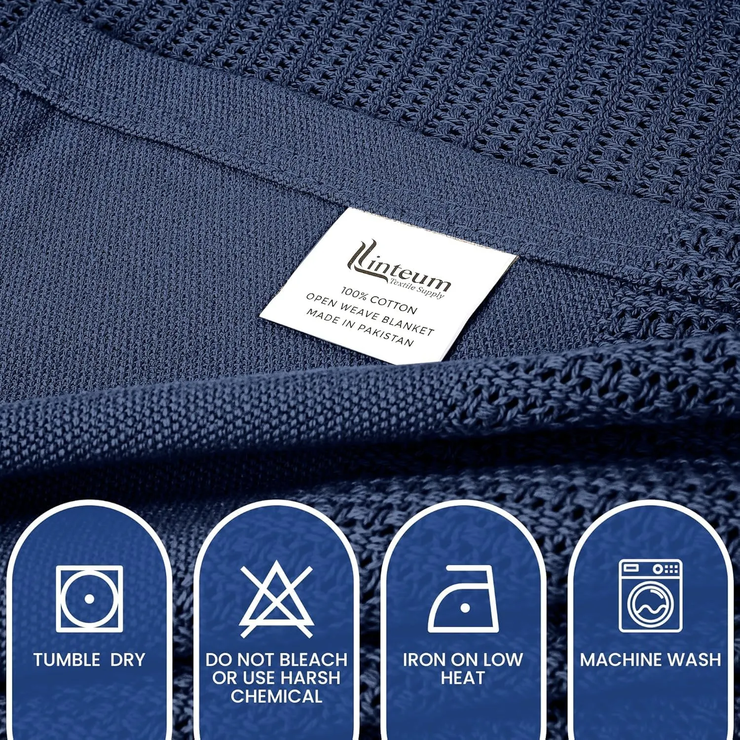 Linteum Textile Supply Leno Weave Navy Blue Blanket, Queen 100% Cotton, Lightweight, Warm, Extra-Fluffy, Premium and Durable Soft & Cozy Bed Blanket for Bed, Couch, Sofa Throw for All Season