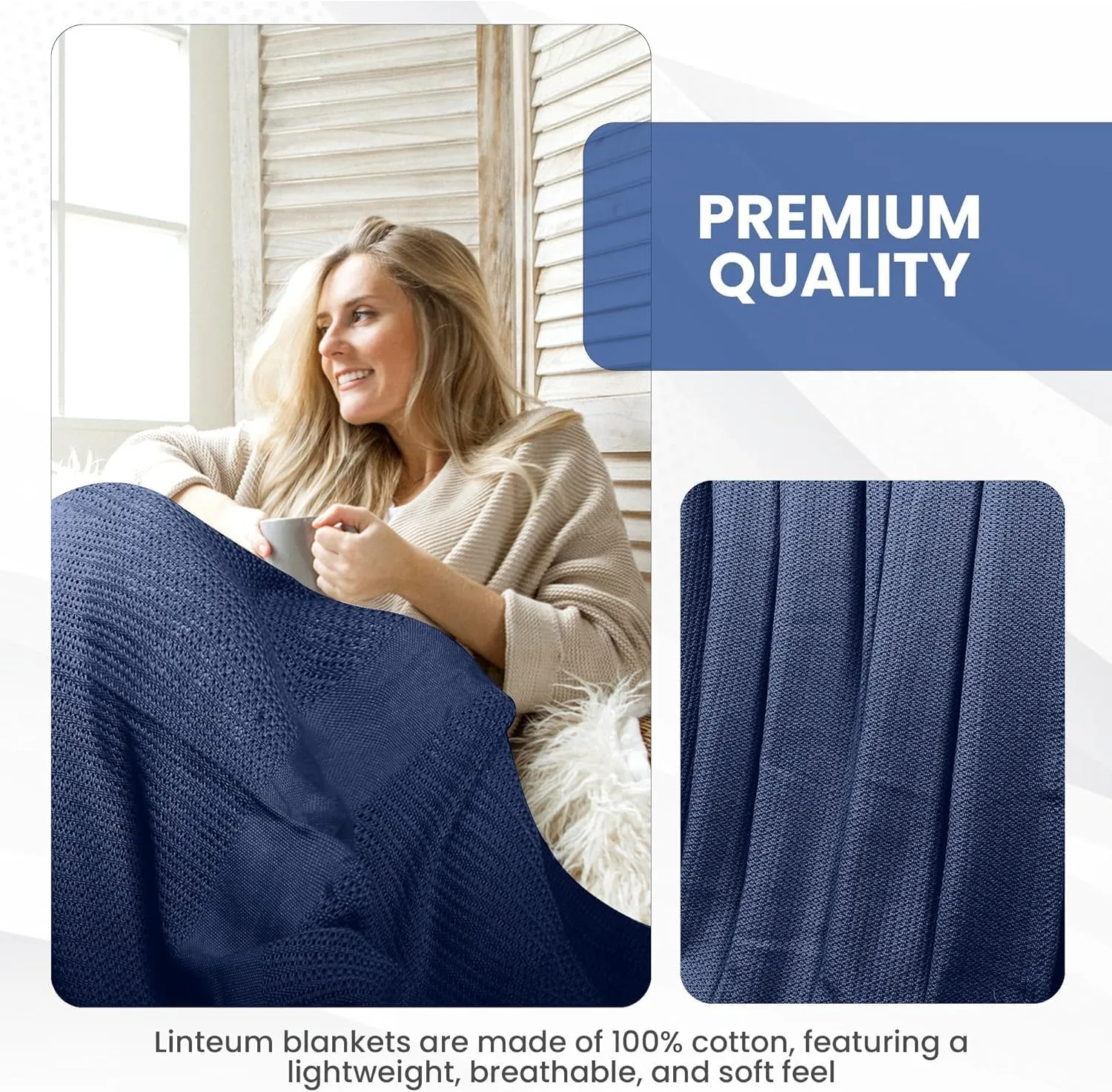 Linteum Textile Supply Leno Weave Navy Blue Blanket, Queen 100% Cotton, Lightweight, Warm, Extra-Fluffy, Premium and Durable Soft & Cozy Bed Blanket for Bed, Couch, Sofa Throw for All Season