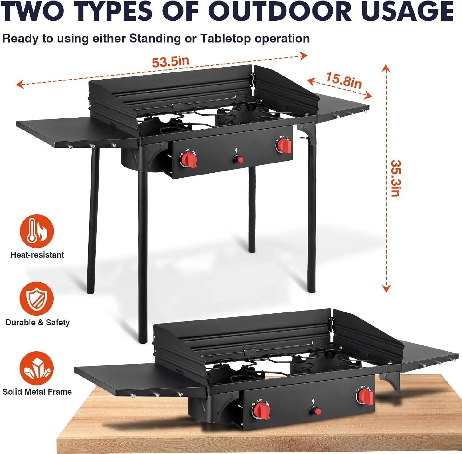 Llamaviva 2 Burner Gas Stove Propane Outdoor Stove with Wind panel,Side Shelves,Auto Ignition Button,Removable Legs Regulator&Carrying Bag 150000 BTU Propane Burners for Outdoor Cooking BBQ -gloves