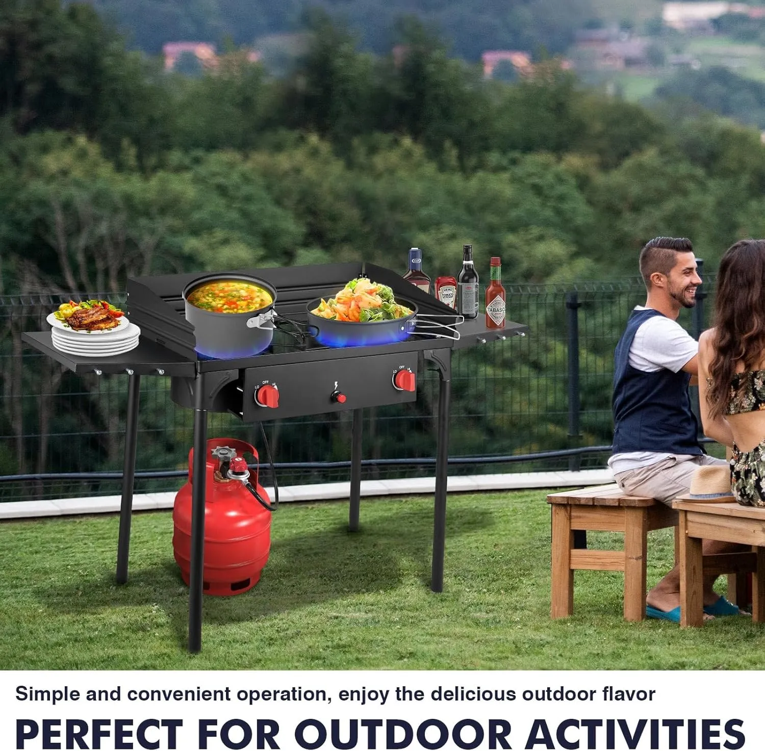 Llamaviva 2 Burner Gas Stove Propane Outdoor Stove with Wind panel,Side Shelves,Auto Ignition Button,Removable Legs Regulator&Carrying Bag 150000 BTU Propane Burners for Outdoor Cooking BBQ -gloves