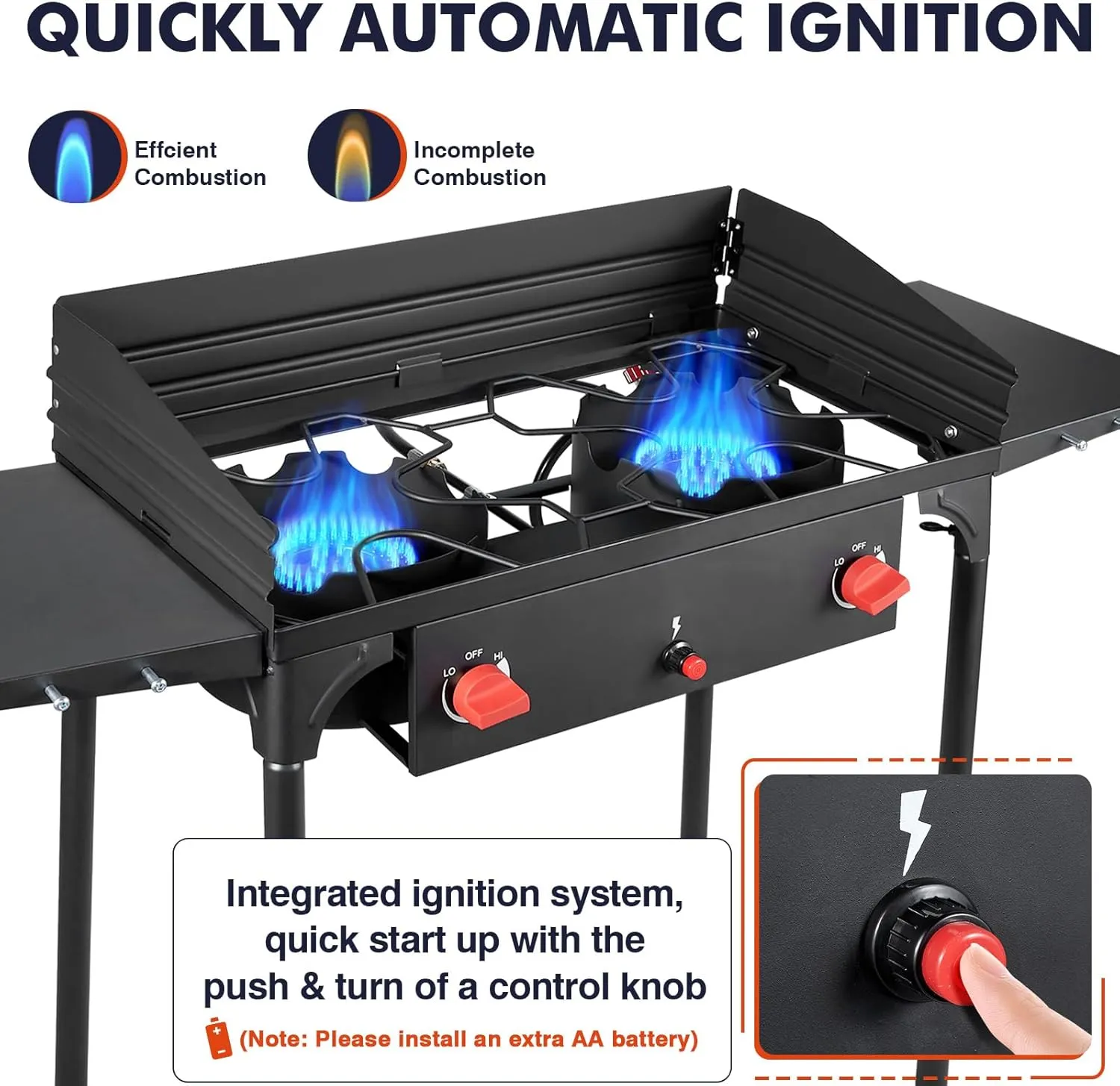 Llamaviva 2 Burner Gas Stove Propane Outdoor Stove with Wind panel,Side Shelves,Auto Ignition Button,Removable Legs Regulator&Carrying Bag 150000 BTU Propane Burners for Outdoor Cooking BBQ -gloves