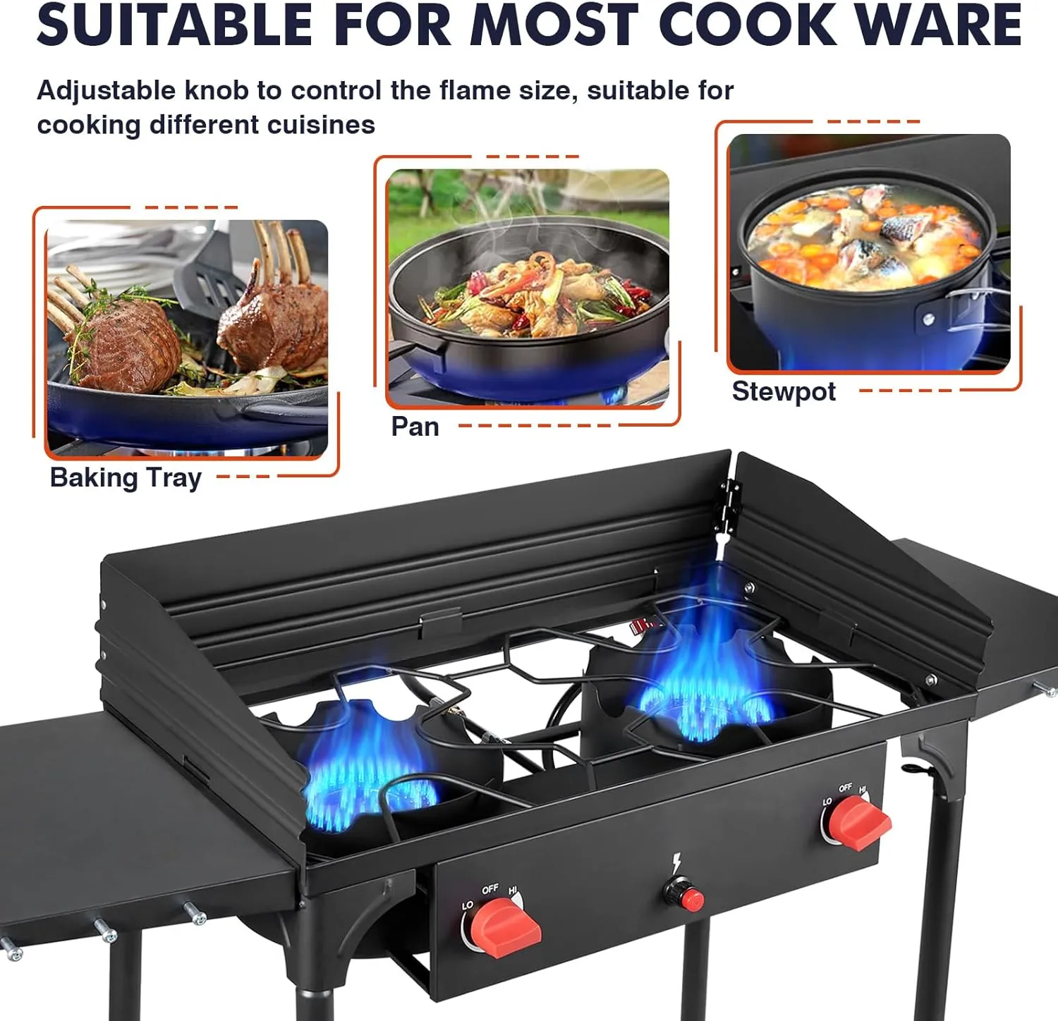 Llamaviva 2 Burner Gas Stove Propane Outdoor Stove with Wind panel,Side Shelves,Auto Ignition Button,Removable Legs Regulator&Carrying Bag 150000 BTU Propane Burners for Outdoor Cooking BBQ -gloves