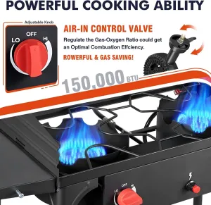 Llamaviva 2 Burner Gas Stove Propane Outdoor Stove with Wind panel,Side Shelves,Auto Ignition Button,Removable Legs Regulator&Carrying Bag 150000 BTU Propane Burners for Outdoor Cooking BBQ -gloves