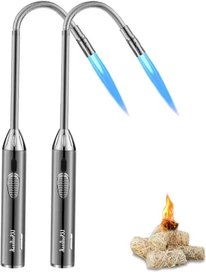 Long Grill Lighter,Refillable Butane,Windproof Flexible with Visual Fuel Window for Candles Grill BBQ Fireplaces Kitchen Camping 2 Pack (Butane Gas Not Included)
