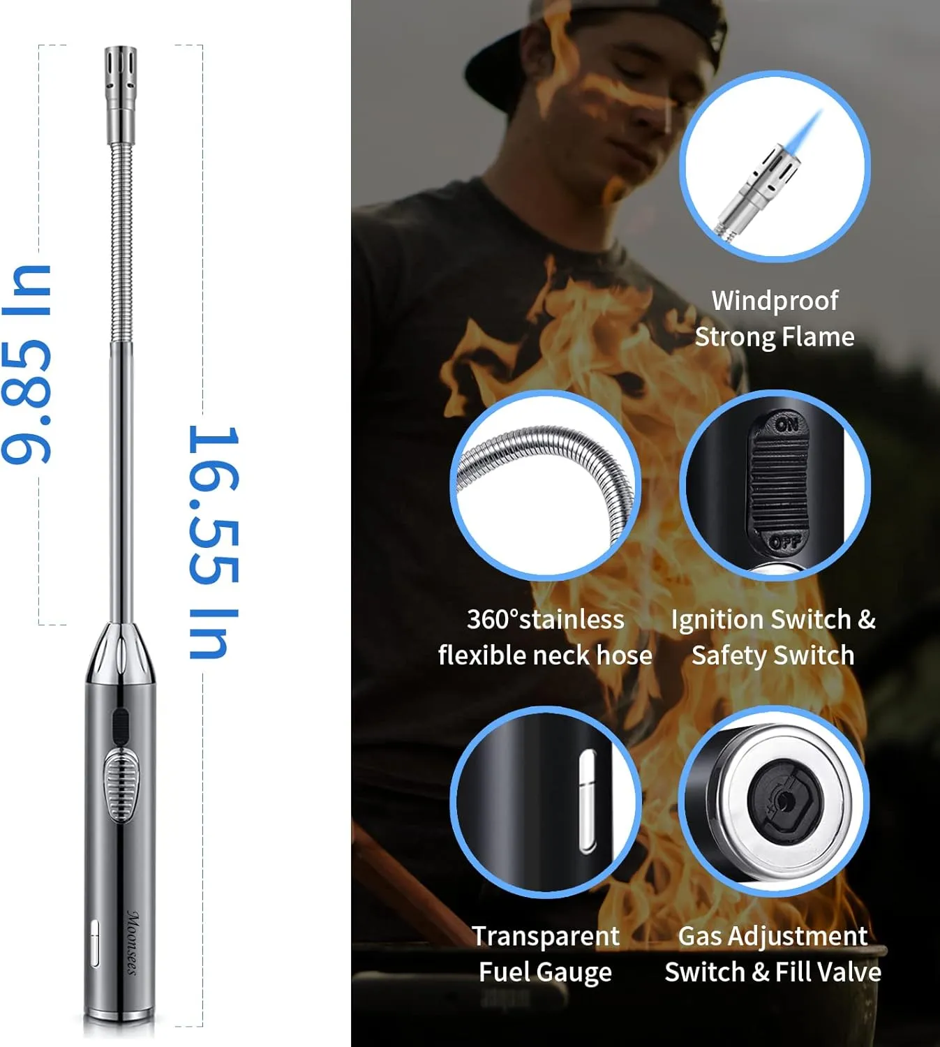 Long Grill Lighter,Refillable Butane,Windproof Flexible with Visual Fuel Window for Candles Grill BBQ Fireplaces Kitchen Camping 2 Pack (Butane Gas Not Included)