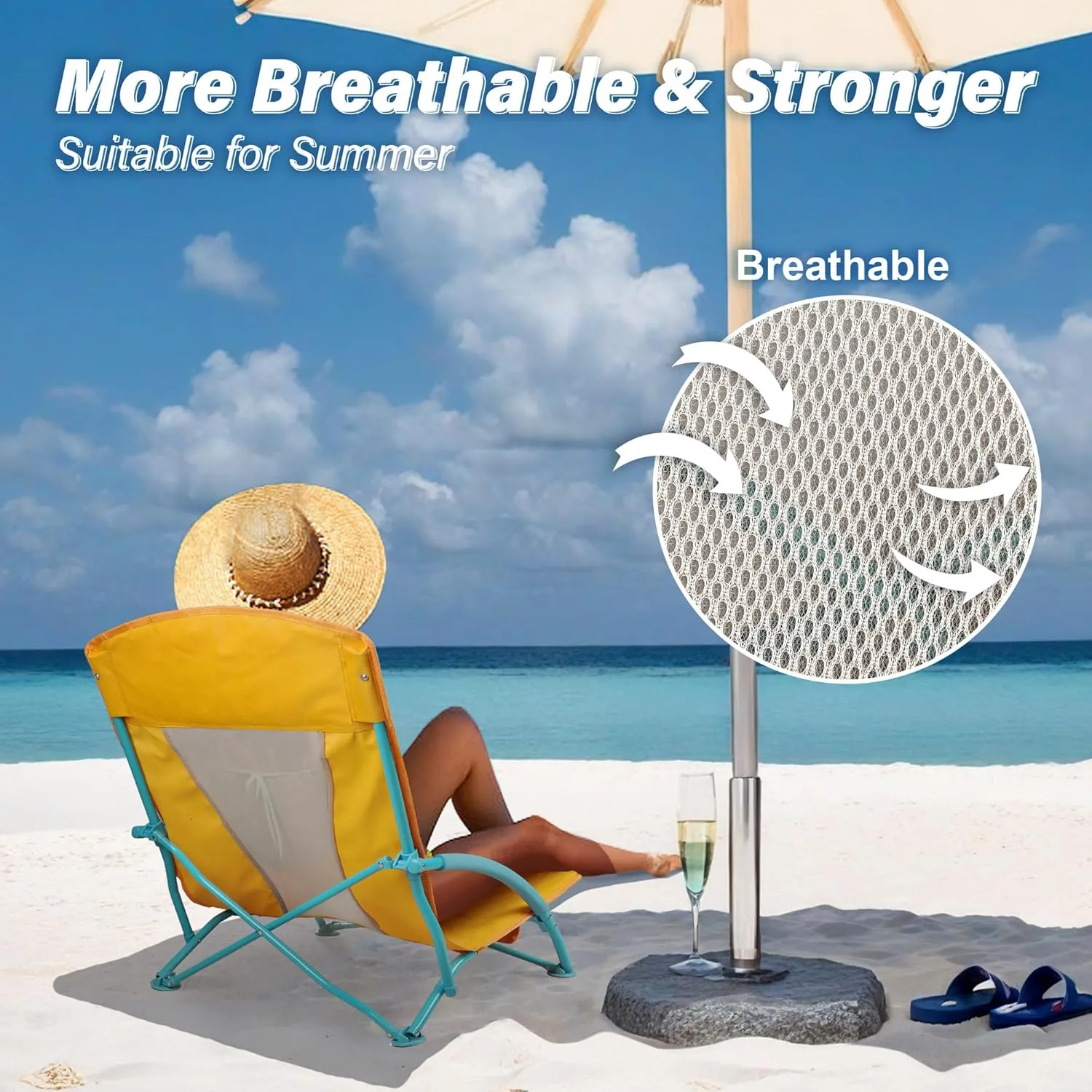 Low Beach Chairs 2 Pack,Folding Compact Low Seat Chairs for Adults w/Mesh Back,Cup Holder & Storage Bag,Heavy Duty Chair for Outdoor Sand,Travel,Camping,Picnic,Yellow