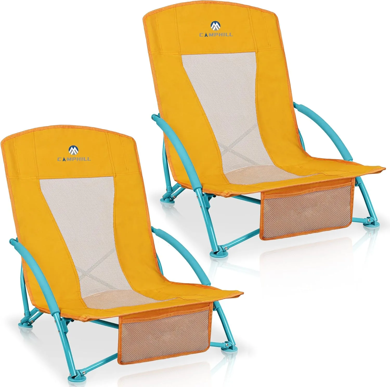 Low Beach Chairs 2 Pack,Folding Compact Low Seat Chairs for Adults w/Mesh Back,Cup Holder & Storage Bag,Heavy Duty Chair for Outdoor Sand,Travel,Camping,Picnic,Yellow