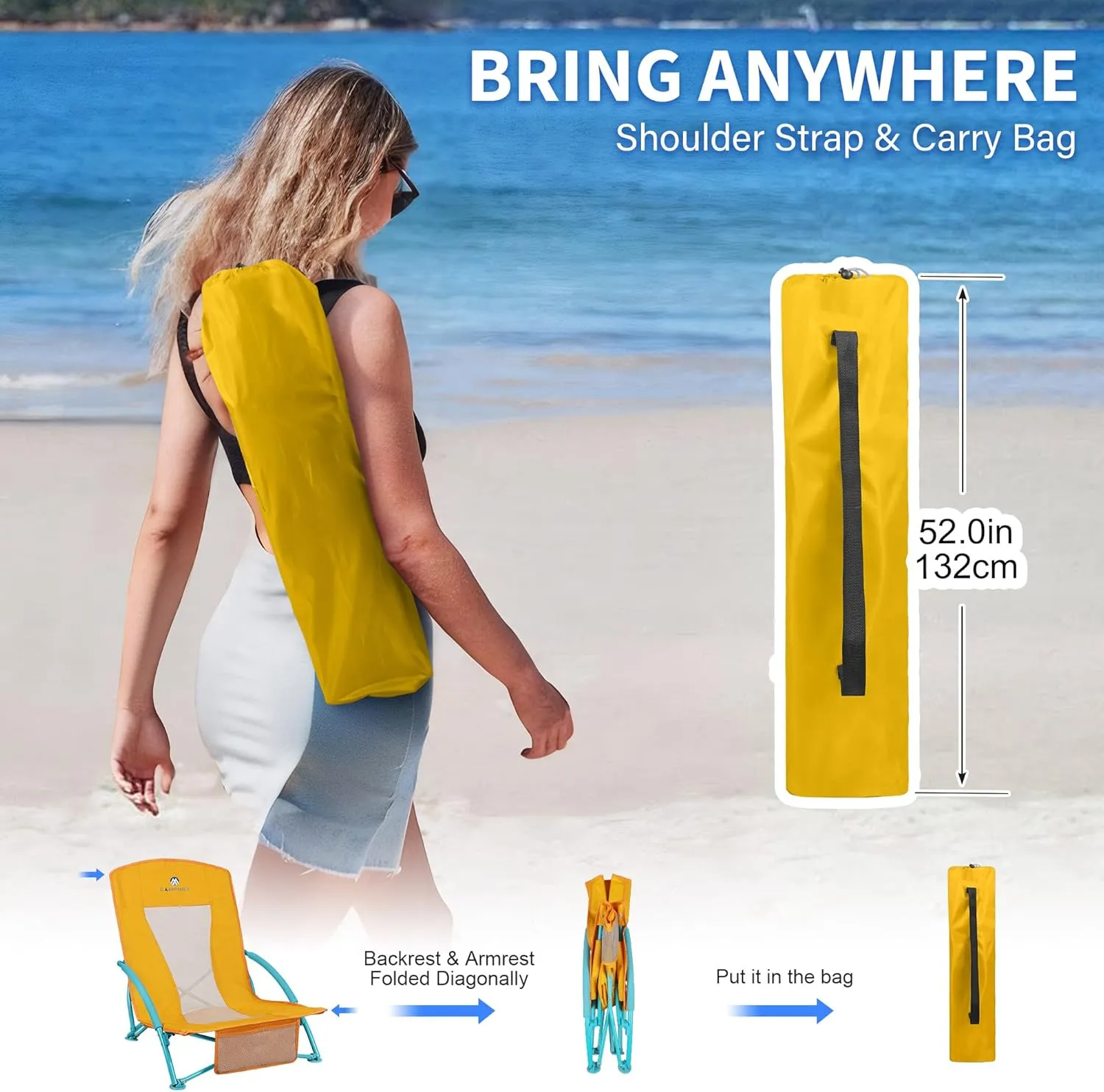 Low Beach Chairs 2 Pack,Folding Compact Low Seat Chairs for Adults w/Mesh Back,Cup Holder & Storage Bag,Heavy Duty Chair for Outdoor Sand,Travel,Camping,Picnic,Yellow