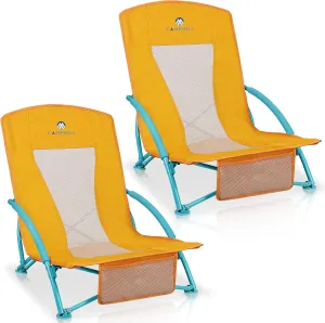 Low Beach Chairs 2 Pack,Folding Compact Low Seat Chairs for Adults w/Mesh Back,Cup Holder & Storage Bag,Heavy Duty Chair for Outdoor Sand,Travel,Camping,Picnic,Yellow