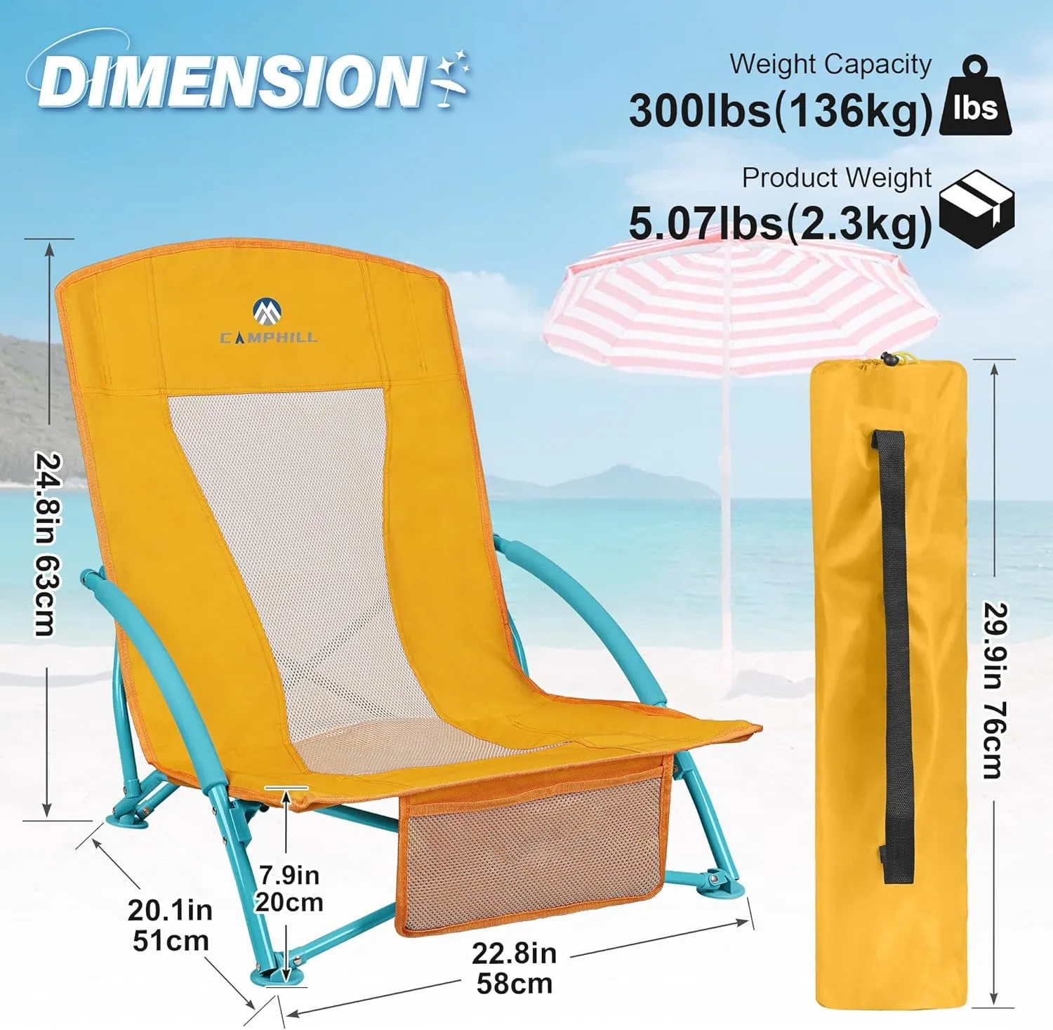 Low Beach Chairs 2 Pack,Folding Compact Low Seat Chairs for Adults w/Mesh Back,Cup Holder & Storage Bag,Heavy Duty Chair for Outdoor Sand,Travel,Camping,Picnic,Yellow