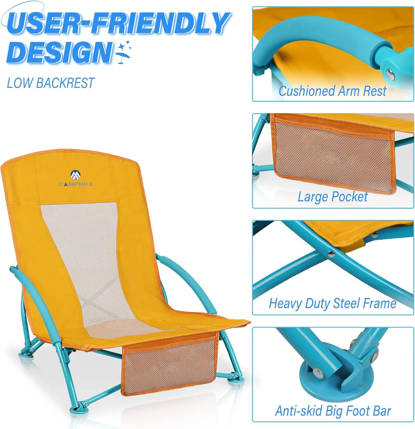 Low Beach Chairs 2 Pack,Folding Compact Low Seat Chairs for Adults w/Mesh Back,Cup Holder & Storage Bag,Heavy Duty Chair for Outdoor Sand,Travel,Camping,Picnic,Yellow