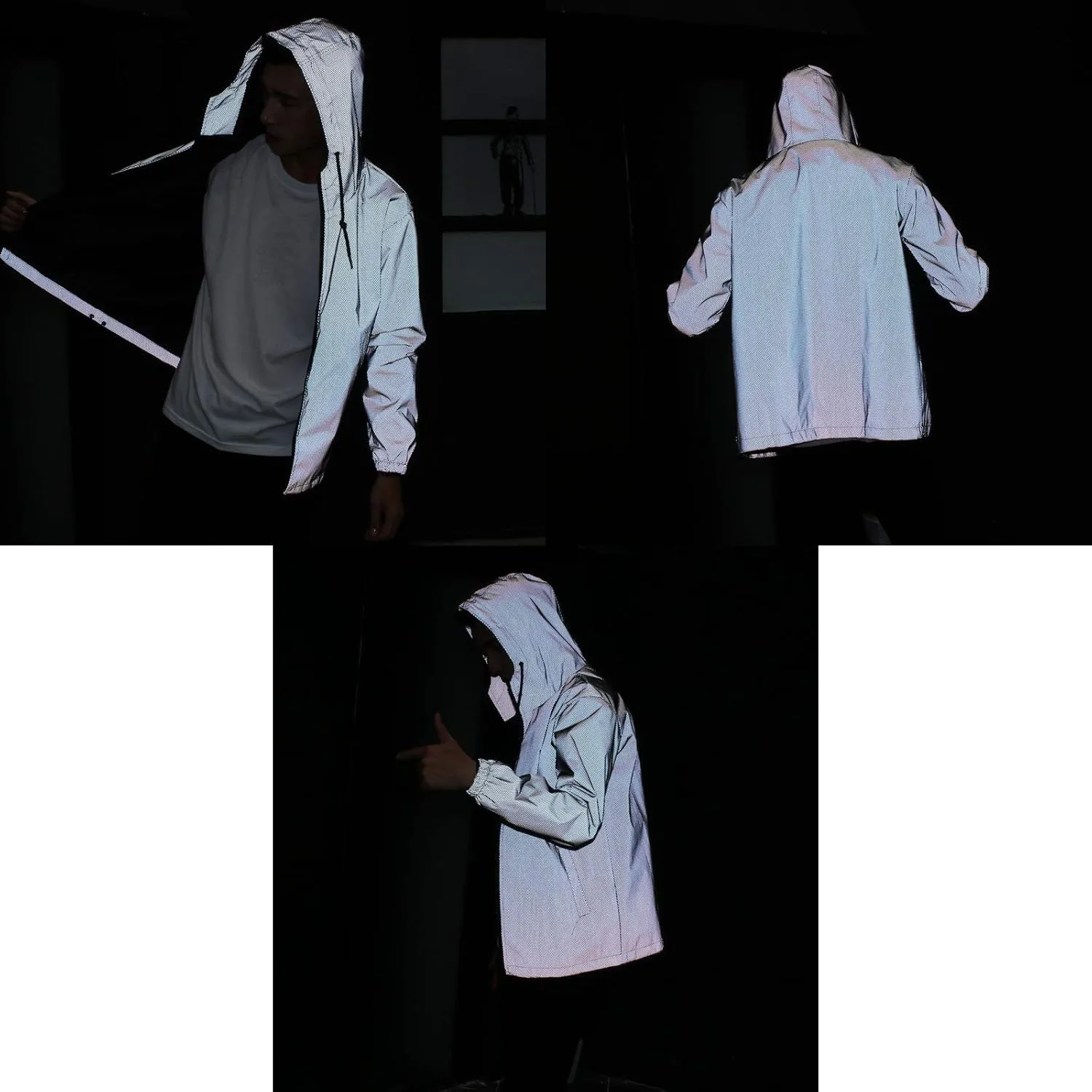 LZLRUN Reflective Jacket Casual Hiphop Windbreaker Night Sporting Coat Hooded Fluorescent Clothing