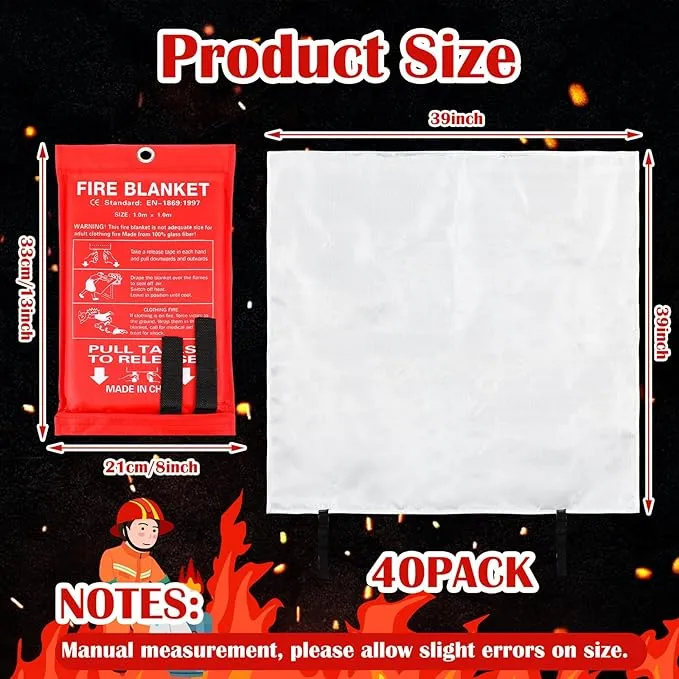 Macarrie 40 Pack 39” x 39” Fire Blanket Emergency Fire Blanket for Home and Kitchen Suppression Blanket Safety Fiberglass Fireproof Blanket Survival for Fireplace Car Office Camping (Red)