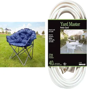 MacSports Outdoor Folding Lounge Chair and Woods 40' Extension Cord with Power Block, 16/3 White