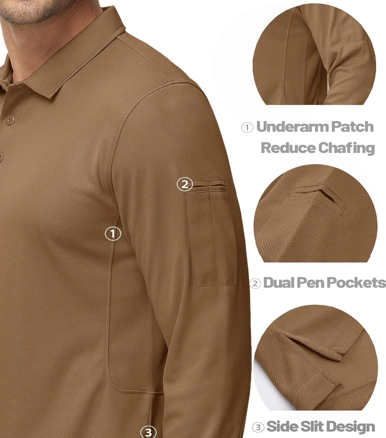 MAGCOMSEN Men's Polo Shirts 3 Button Quick Dry Performance Long Sleeve Tactical Shirts Pique Jersey Golf Shirt