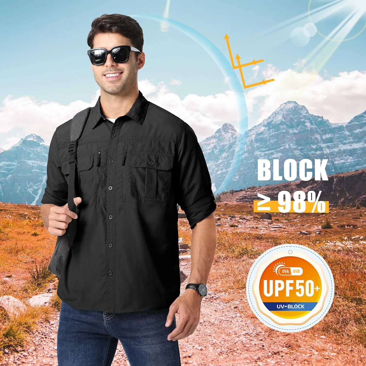 MAGCOMSEN Men's UPF 50  Sun Protection Shirts, Button Down Long Sleeve Shirt for Hiking, Fishing, Safari