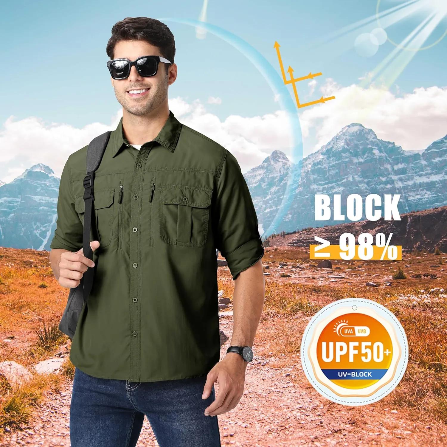 MAGCOMSEN Men's UPF 50  Sun Protection Shirts, Button Down Long Sleeve Shirt for Hiking, Fishing, Safari